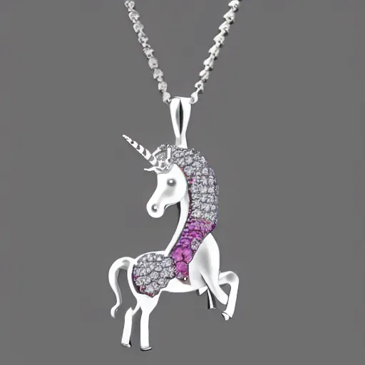 Image similar to a lovely silver cartoon unicorn necklace pendant, 3 d rendering, pandora style, tiffany style, swarovski style, van cleef & arpels style, cartier style, boucheron style, bulgari style, chaumet style, elegant, noble, stylish