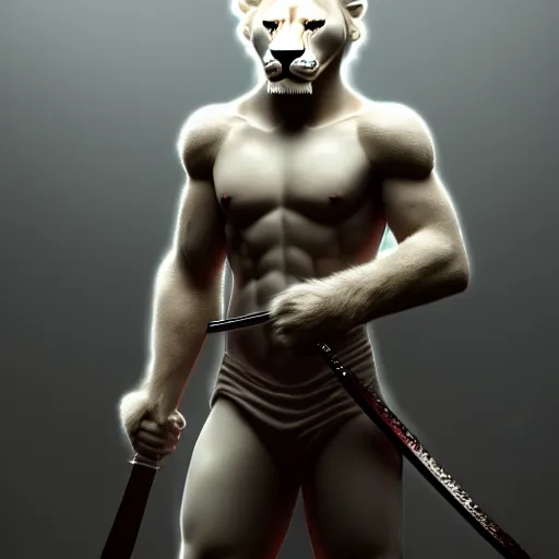 Prompt: commission of a fit male anthro albino lion holding a sword, science fiction industrial hard science concept art, 8K render octane high definition cgsociety
