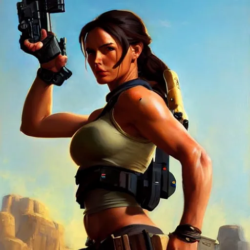 Image similar to Greg Manchess portrait painting of Lara Croft as Overwatch character, medium shot, asymmetrical, profile picture, Organic Painting, sunny day, Matte Painting, bold shapes, hard edges, street art, trending on artstation, by Huang Guangjian and Gil Elvgren and Sachin Teng