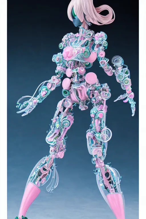 Image similar to a super huge bubbly super detailed anime figurine with fluo color detail, and muted arm colors, that looks like a intricate delicate robot, decorated by plastic synthetic ionized metal flower sculptures