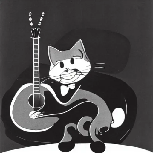 Image similar to cat playing guitar, rubber hose, felix the cat, pie eyes, 1 9 3 0 s, bw