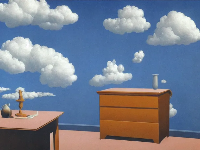 Image similar to room with clouds wallpaper, painting by rene magritte, centered, high detail, high resolution