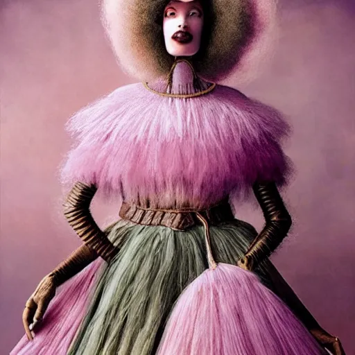 Image similar to a brown woman wearing a candy floss armor. super detailed. layered. textured. award winning. refracted lighting. fragile. by ray caesar. by louise dahl - wolfe, by andrea kowch. surreal photography.