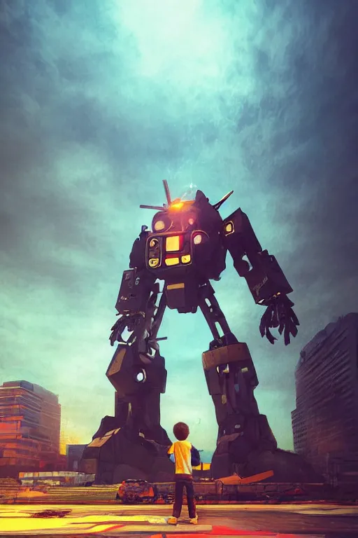 Image similar to a kid in front of giant robot, megalophobia, digital art, trending on artstation, epic