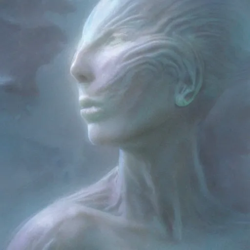 Prompt: atmospheric concept art of a female water elemental sculpted from marble, concept art, character concept art, atmospheric, fog, wayne barlowe , moebius, yoshitako amano