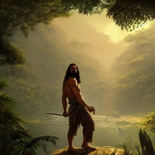 Image similar to a detailed matte painting of a ridiculously good looking jesus who is exploring the prehistoric jungle with his pet velociraptor, elegant ancient greek dress, jungle as the background, very detailed, beautiful, intricate, art by greg rutkowski and robert e howard, octane render