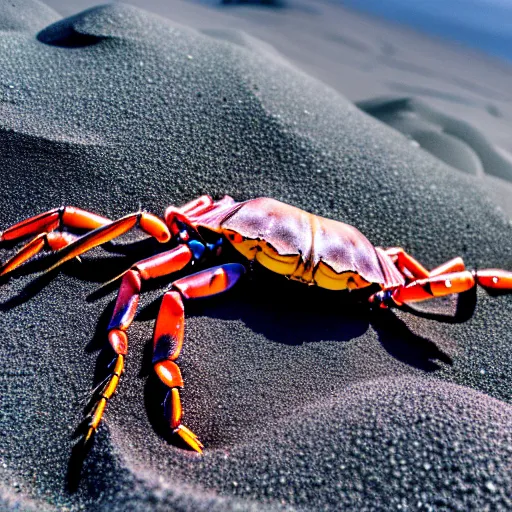 Prompt: thick crustacean on black sand dunes