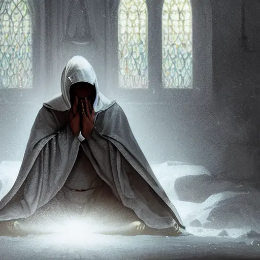 Image similar to epic portrait an hooded man praying in a church during a battlefield, digital painting, artstation, concept art, soft light, hdri, smooth, sharp focus, illustration, fantasy, intricate, elegant, highly detailed, D&D, matte painting, in the style of Greg Rutkowski and Alphonse Mucha and artemisia, 8k, highly detailed, jurgens, rutkowski, bouguereau, pastoral, rustic, georgic, detailed concept art, illustration, colorful pastel, painting, detail, ultra detailed, digital art, 4K,