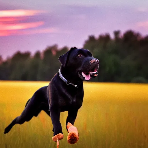 Image similar to black lab chasing a stick through a field of hotdogs, golden hour, very detailed, 4 k