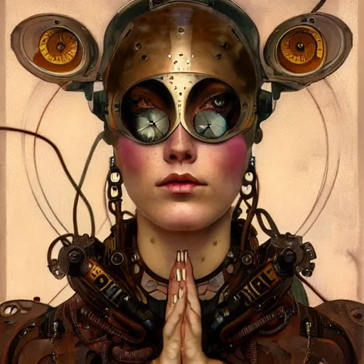 Image similar to close - up portrait of a beautiful female steampunk in the style of ex machina, karol bak, alphonse mucha, greg rutkowski,