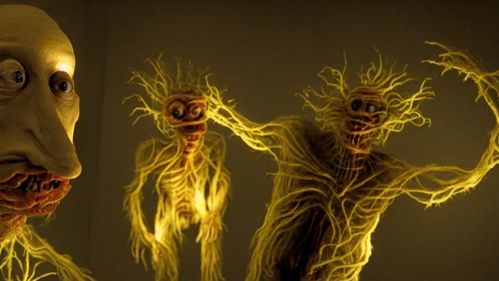 Image similar to the strange creature, made of glowing oil, they suffer from elevatophobia, film still from the movie directed by denis villeneuve and david cronenberg with art direction by salvador dali and dr. seuss