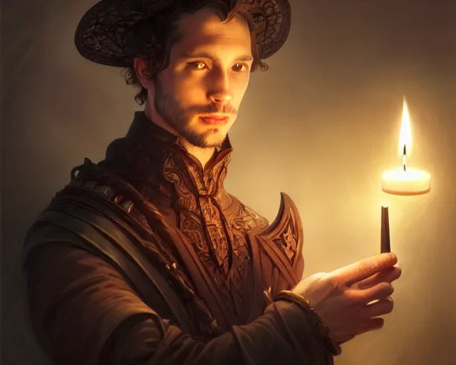 Prompt: a mind - blowing portrait of a fortune seeker male, holding a candle holder, wearing dark maritime clothing, intelligent, deep focus, d & d, fantasy, intricate, elegant, highly detailed, digital painting, artstation, concept art, matte, sharp, illustration, hearthstone, art by artgerm and greg rutkowski and alphonse mucha