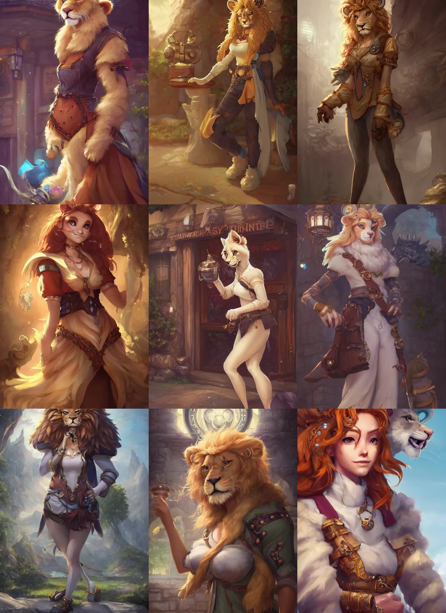 Prompt: beautiful portrait of a female anthropomorphic lion fursona wearing fantasy adventurer's clothes outside a fantasy tavern. character design by charlie bowater, ross tran, artgerm, and makoto shinkai, detailed, soft lighting, rendered in octane