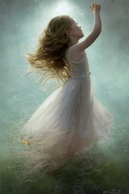 Image similar to very beautiful little girl dancing in the wind, beautiful face, ultradetailed, ethereal, flowers, beautiful wedding dress, gorgeous, volumetric lighting, elegant, digital painting, concept art, illustration, limited color palette, atmosphere and tension, art by greg olsen and liz lemon swindle