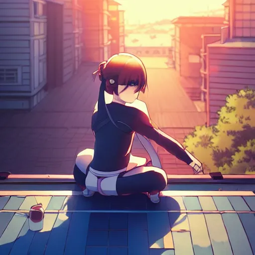 Image similar to digital anime art in the style of netflix arcane, cute female ninja sitting on an old japanese roof at golden hour, soft azure blue eyes, close up, wlop, ilya kuvshinov, backlit