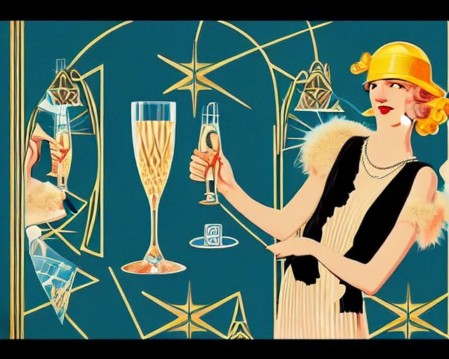 Image similar to 1 9 2 0 s teenager in art deco style, champagne commercial, artstation, illustration, bright, cheerful, detailed and intricate environment