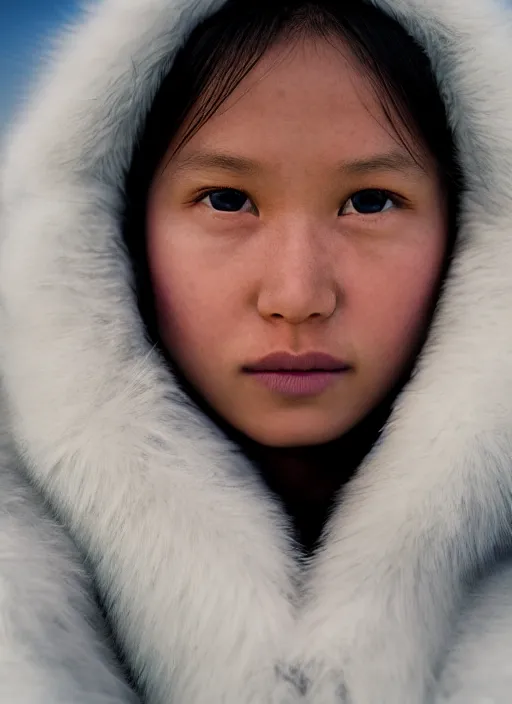 Prompt: closeup portrait of an eskimo girl, depth of field, zeiss lens, detailed, symmetrical, centered, fashion photoshoot, by Annie Leibovitz and Steve McCurry, David Lazar, Jimmy Nelsson, Breathtaking, 8k resolution, extremely detailed, beautiful, establishing shot, artistic, hyperrealistic, beautiful face, octane render