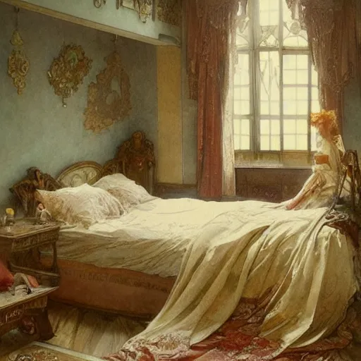 Image similar to a beautifull intricate watercolour painting of a bed room, reflexions, verry high details by william turner art, greg rutkowski and alphonse mucha, trending on artstation, very very detailed, masterpiece, muted colors