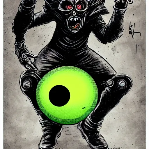 Prompt: a tennis ball monster, tennis ball, dark, chalky, motorcycle, bat vampire, digital art, fantasy, magic, trending on artstation, ultra detailed, professional illustration by Basil Gogos