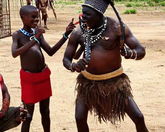 Prompt: zulu tribal warrior made out of teeth with a friendly american tourist. the tourist is in a cage.