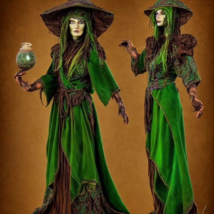 Prompt: full length photo of a very beautiful!! elemental earth witch with ornate green and brown robes, highly detailed, 4 k, hdr, smooth, sharp focus, high resolution, award - winning photo