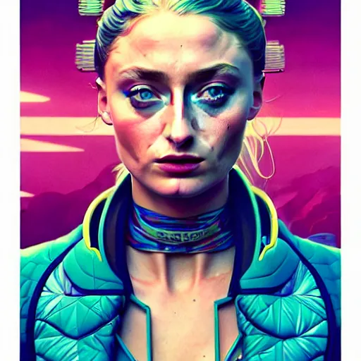 Image similar to high quality high detail portrait of a sophie turner as diesel punk character in an futuristic world, tristan eaton, victo ngai, artgerm, rhads, ross draws, hyperrealism, intricate detailed, alphonse mucha, pastel colors, vintage, artstation,