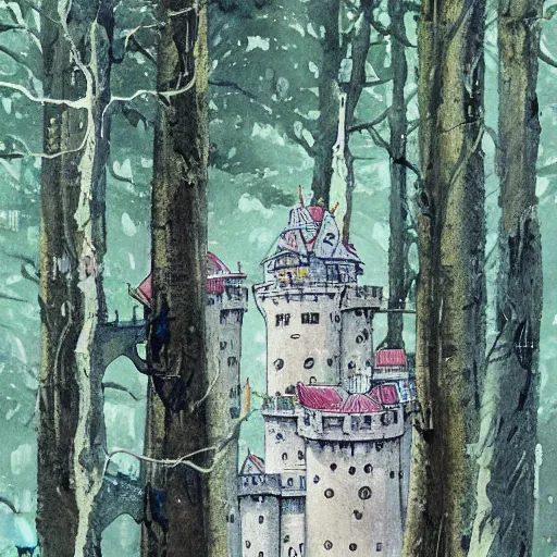 Image similar to laputa castle in the sky robot hayao miyazaki stands in a small clearing among trees, watercolor illustration for a book