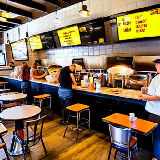 Prompt: busy wafflehouse interior with customers eating breakfast and wafflehouse employees serving food and cooking behind countertop bar