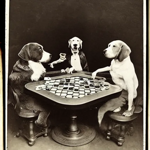 Image similar to “dogs playing poker and smoking, 1900’s photo”