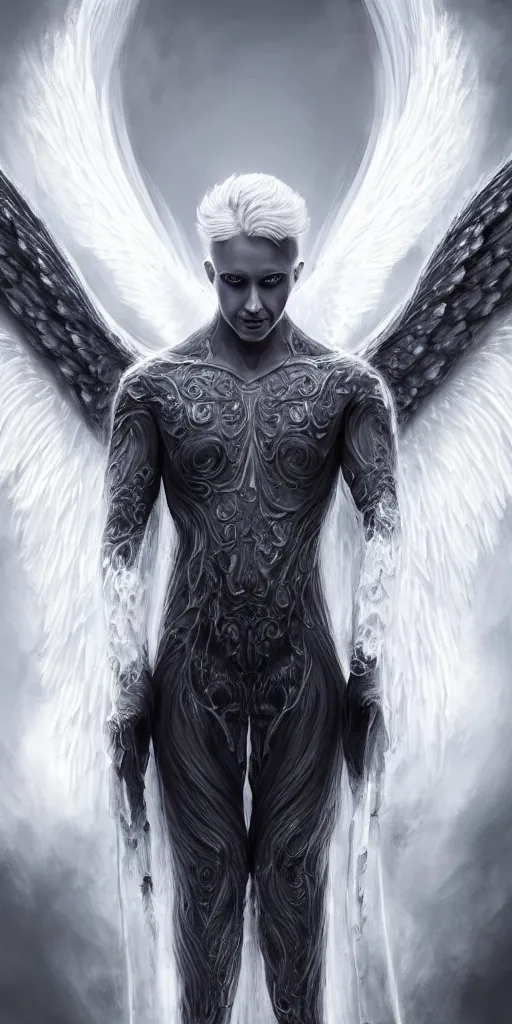 Prompt: full body image of a symmetric detailed terrifying male - angel with white hair with detailed white wings flying in black smoke, ultra realistic, epic, highly detailed, hd, sharp focus, cinematic lighting, realistic, vivid colors, gritty, matt painting, digital art, non blurry, sharp, artstation, concept art, smooth, illustration.