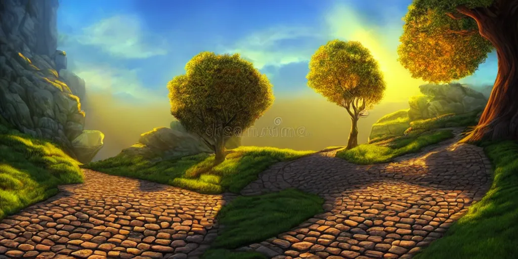Image similar to a lonely cobblestone street with a tree on a cliff over the sea at sunset, backlighting, brightly illuminated by rays of sun, artstation, colorful vector illustration, by Brian Taylor