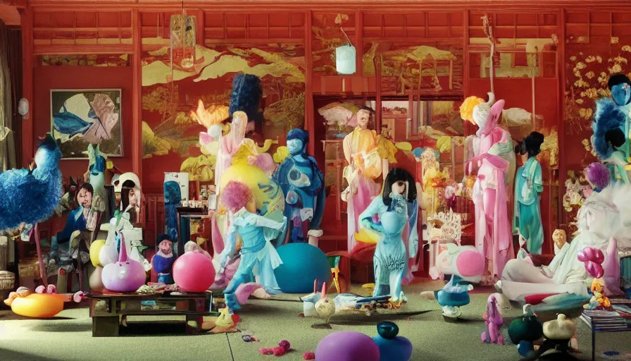 Prompt: movie still by alejandro jodorowsky of a beautiful day in a family living room in kyoto japan, visible magic energy, dream creature costumes, floating planets, fish, parade floats, cinestill 8 0 0 t eastmancolor technicolor, high quality, very detailed, heavy grain, fine facial features, 8 k, octane render