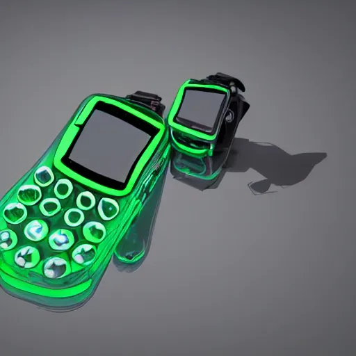 Image similar to an ultra high definition cycles 3D render of a floating chunky green transparent plastic mobile phone modelled after a walkie-talkie at an angle with an e-ink screen inspired by a g-shock watch. Emissive screen and indicator lights, bloom, volumetric shadows