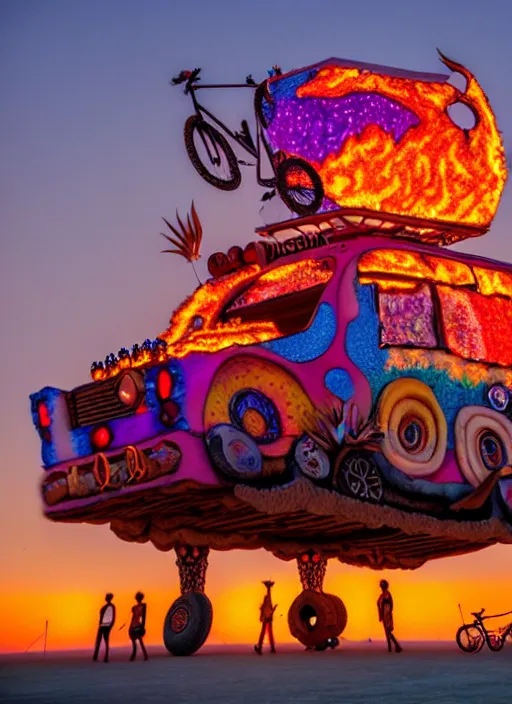 Image similar to burning man art car, sunset, 4 k