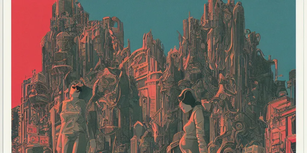 Prompt: a risograph of a retro horror vintage sci - fi, 2 d matte gouache illustration, gigantic woman, ornate, detailed, dramatic, ominous, painting by moebius and satoshi kon