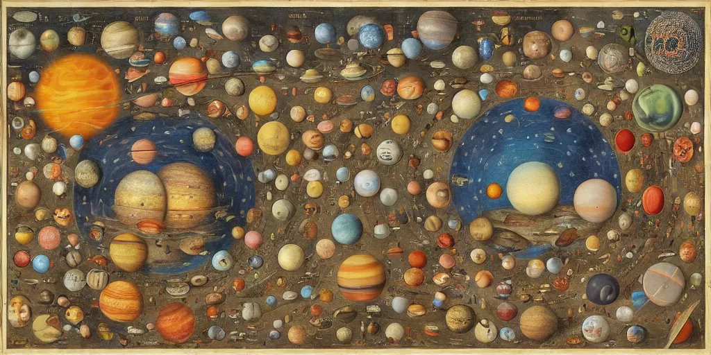 Image similar to the solar system in the style of heironymus bosch, intricate colorful masterpiece, hyper detailed, hd