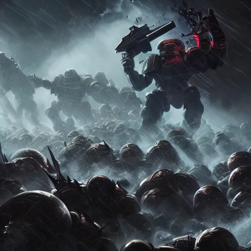 Image similar to a group of space marines battling against an eldritch abomination, high detail, soft light, warhammer, cinematic, high resolution, concept art, dark atmosphere, fog, trending, stunning shot