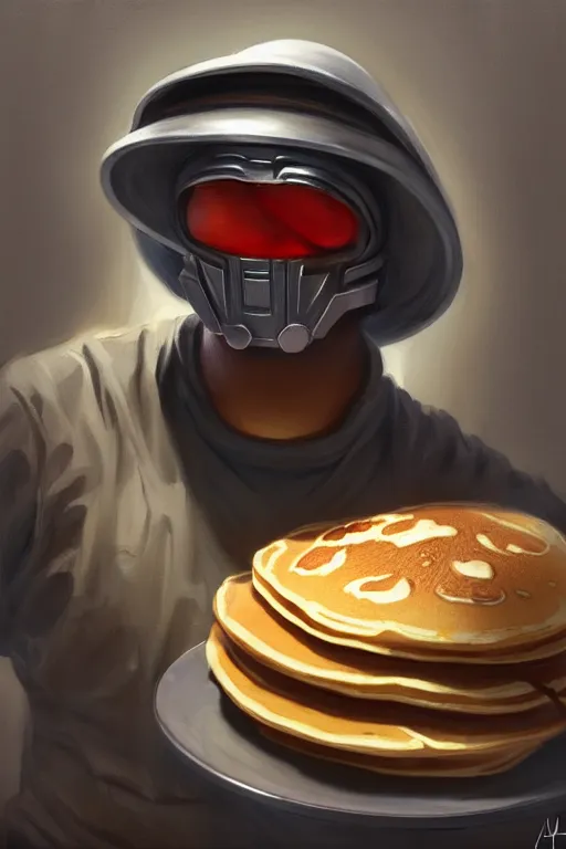 Image similar to mf doom as cooking pancakes animation pixar style, shaded lighting poster by magali villeneuve, album cover, artgerm, jeremy lipkin and michael garmash, rob rey and kentaro miura style, trending on art station