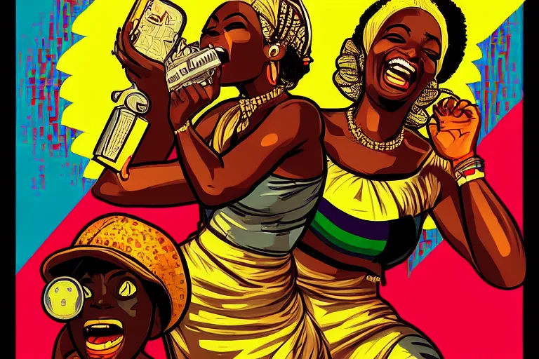 Image similar to mama africa laugh at her child!!! pop art, pixel, bioshock, gta chinatown, artgerm, richard hamilton, mimmo rottela, julian opie, aya takano, intricate, sharp focus, concept art, smooth, focus on details