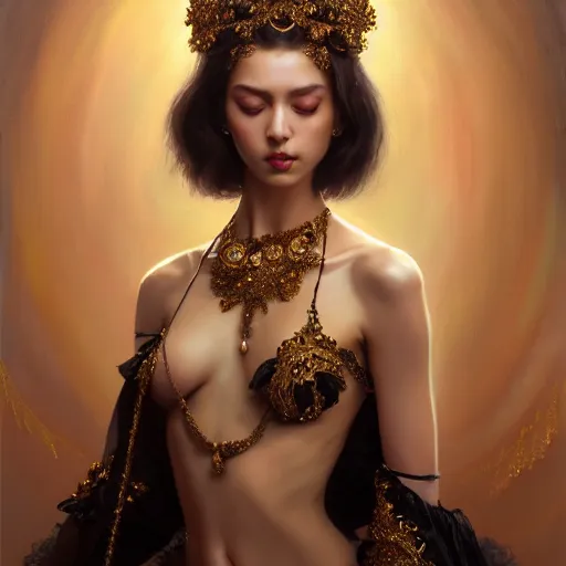 Prompt: expressive oil painting, of alluring european princess, intense seductive look, smooth glowing skin, glistening body, love, adoration, blushing, ornate headpiece of black beads, glamour shot, by yoshitaka amano, by greg rutkowski, by jeremyg lipkinng, by artgerm, digital art, octane render, ornate robe