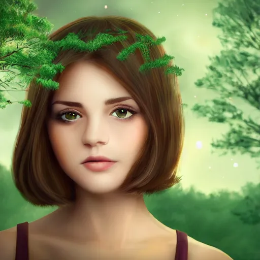 Prompt: an hd portrait photo of a cute young woman with short brown hair and green eyes, beautiful trees in the background, night sky with stars and galaxies, trending on artstation