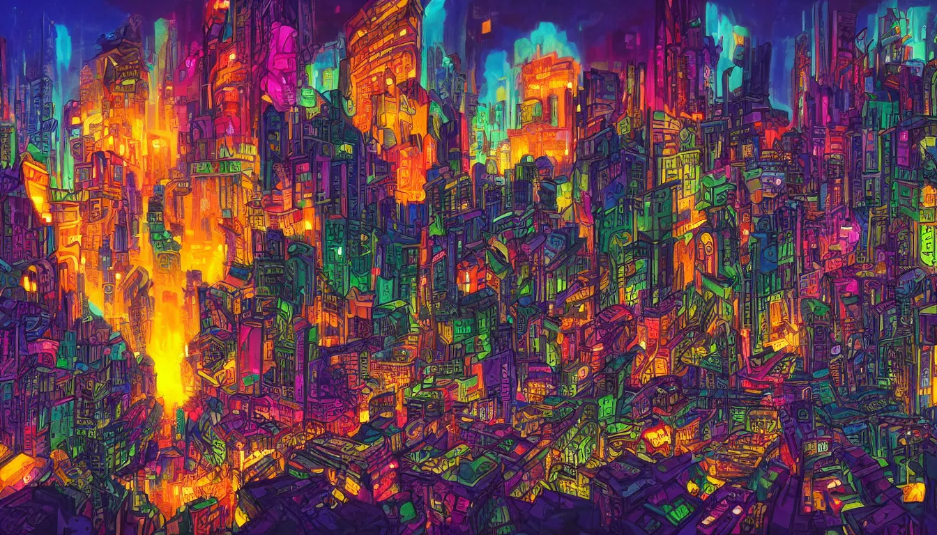 Image similar to surreal colorful nightmarish cityscape, 4k artwork by Ralph Bakshi