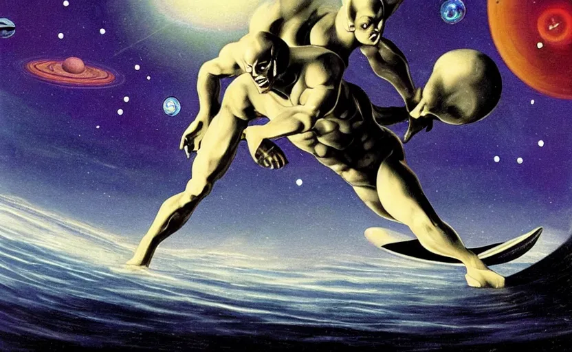 Image similar to silver surfer surfing by planets in space. pulp sci - fi art for omni magazine. high contrast. baroque period, oil on canvas. renaissance masterpiece.