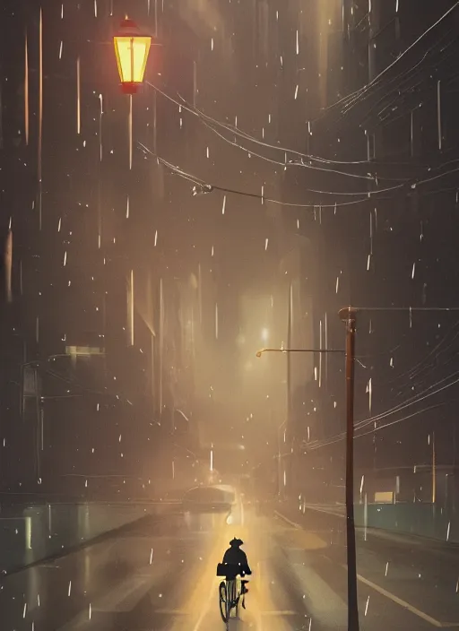 Prompt: uber eats delivery driver on a bicycle, night, rain, lofi, lofi, peaceful, street light, anime key visual, poster, street wears, anime, by wlop, high quality, 4 k, trending, trending on artstation