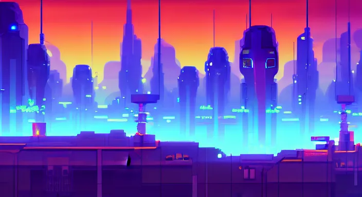 Image similar to beauiful background painting of night level of a 2 d sidescroller game, in a futuristic city in an alien world, orange sky, video game art, pixel art, concept art, surreal and charming, synthwave, ultra detailed, cool lighting, trending on artstation