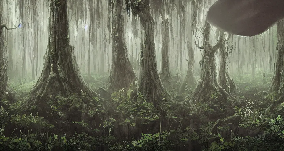 Image similar to A dense and dark enchanted forest with a swamp, from Cryptid Academia