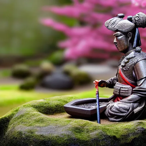 Prompt: ancient colorful dressed samurai with a highly detailed relaxed face is sitting in contemplation in the middle of a miniature japanese zen garden, beautiful cherry blossom trees, short green gras, moody evening light, warm soft colors, cinematic 16:9 ratio, artstation, hyperdetailed, 4k, tilt shift - n 4