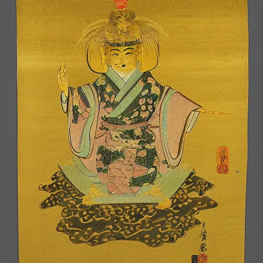 Prompt: a golden baby seal deity, radiating golden light, wearing royal kimono, Japanese ink drawing from 1850