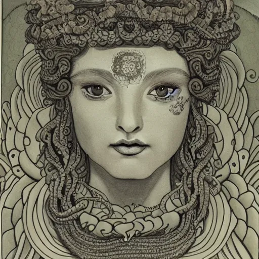 Image similar to detailed, portrait of medusa looking into space, surrounded by lotus flowers and geometry