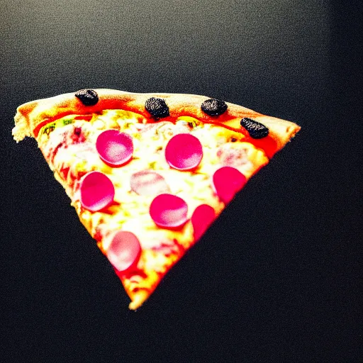 Prompt: a macro photo of a slice of pizza, hyper realistic, hyper detailed, 35mm, very grainy film, pink volumetric studio lighting, bokeh, black background award winning shot, vogue magazine, cinematic, 8k, very closeup, elegant, tender, pastel